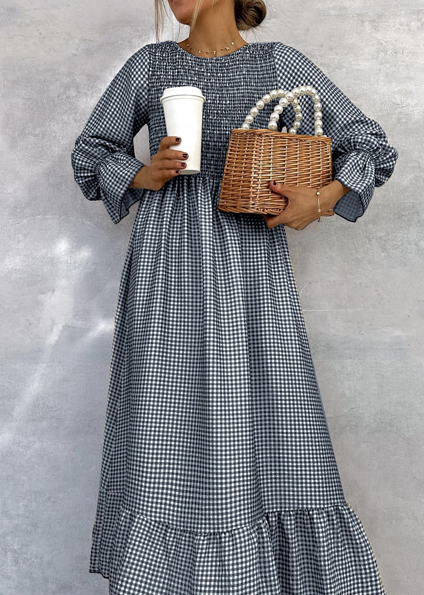Helenee - Rochie Maxi În Carouri Cu Guler Rotund