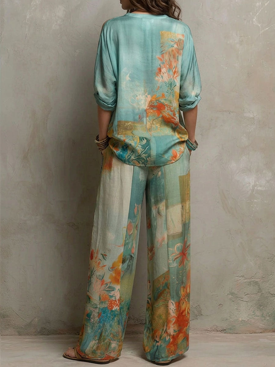 Chiaran - Set cu Imprimeu Floral și Pantaloni cu croi Larg