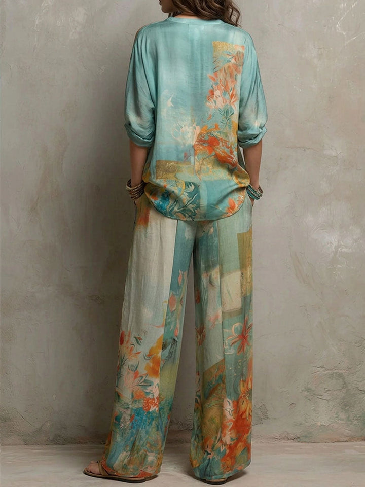 Chiaran - Set cu Imprimeu Floral și Pantaloni cu croi Larg