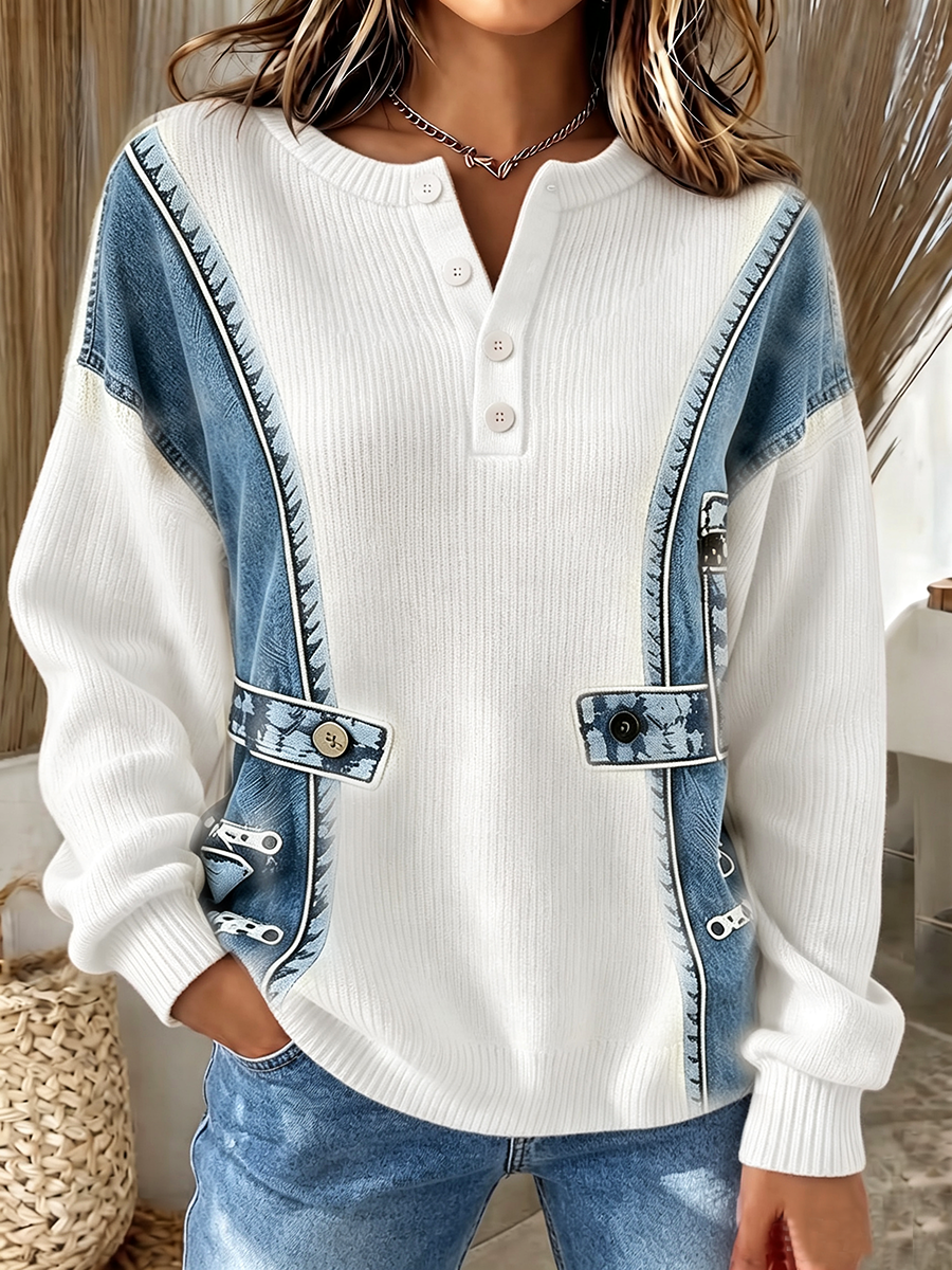 Benija - Pulover Casual Din Tricot Cu Imprimeu 3d În Stil Denim