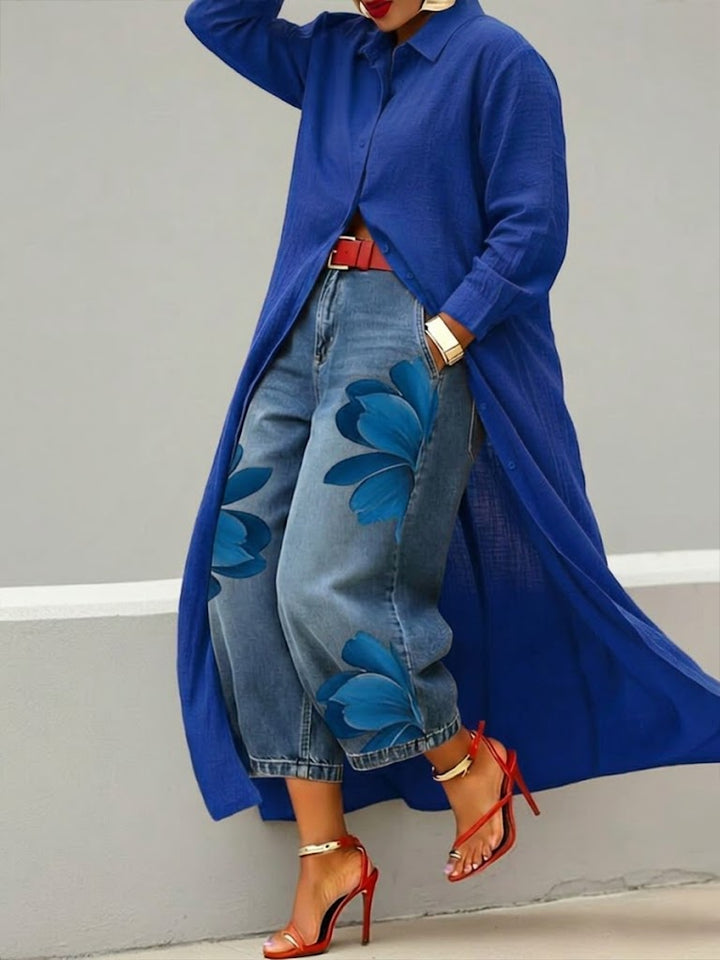 Sherena - Rochie Din in și Blugi Cu Imprimeu Floral
