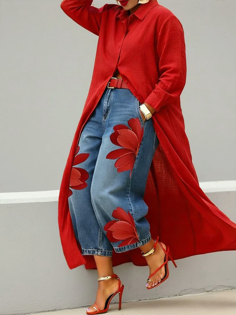 Sherena - Rochie Din in și Blugi Cu Imprimeu Floral
