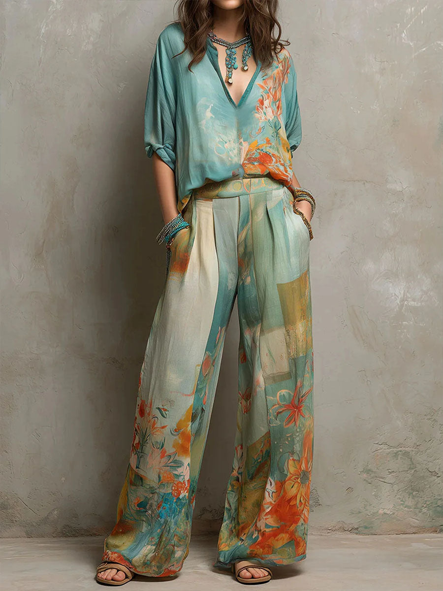 Chiaran - Set cu Imprimeu Floral și Pantaloni cu croi Larg