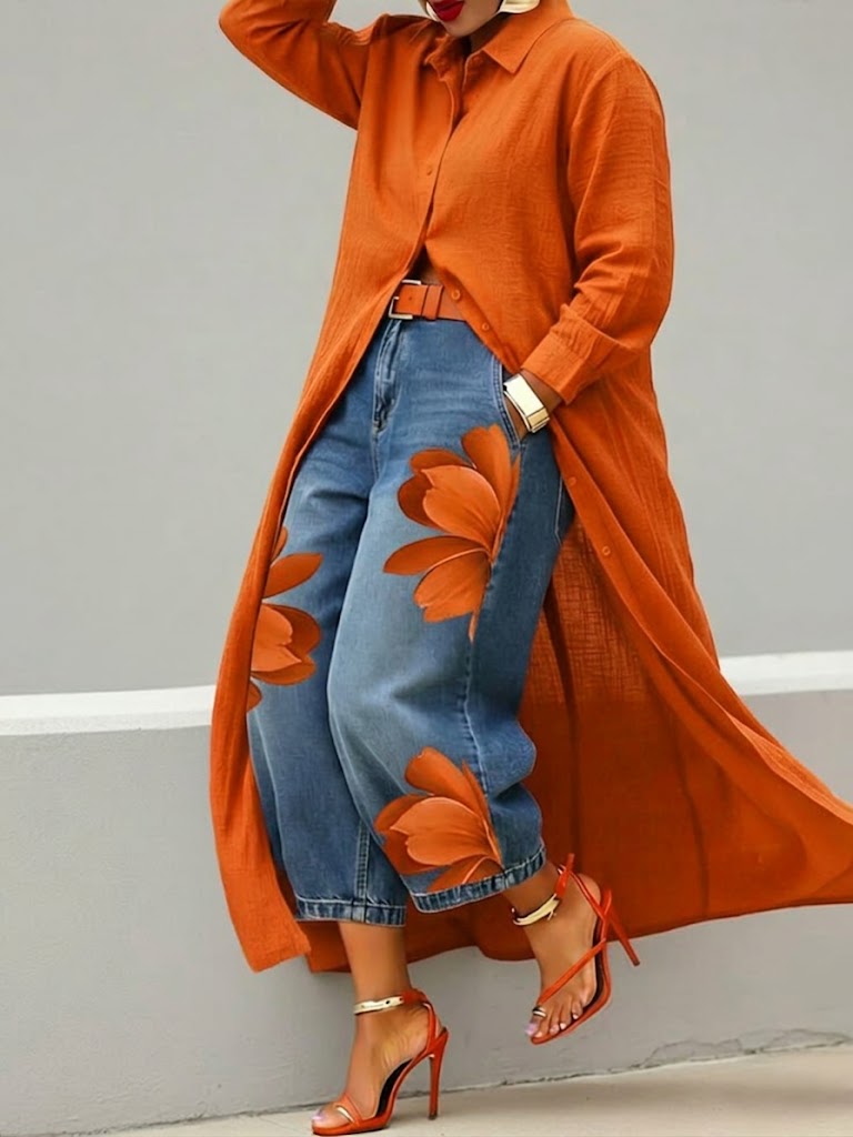 Sherena - Rochie Din in și Blugi Cu Imprimeu Floral