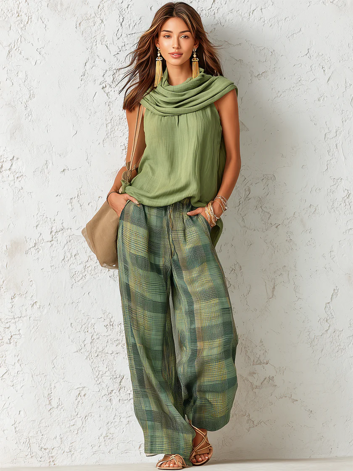 Nidya - Set cu top fără mâneci Sage Breeze și Pantaloni Evazați în Carouri