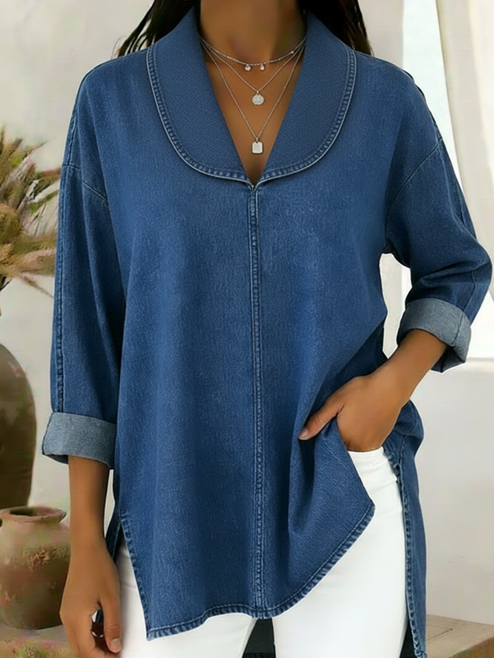 Gaetanaa - Bluză Retro Din Denim Cu Guler șal