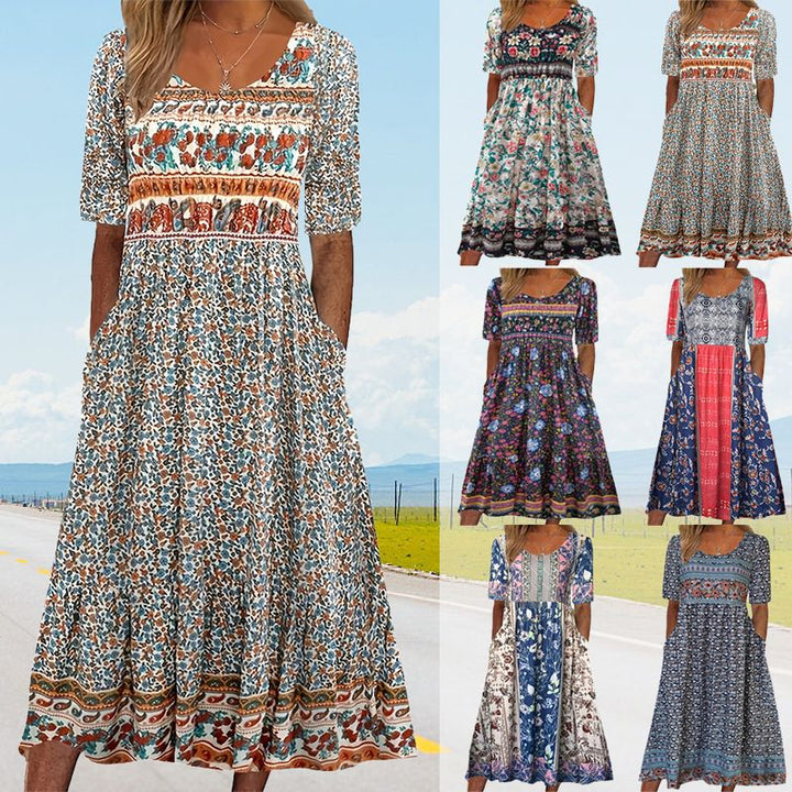 Dinara - Rochie Elegantă cu Imprimeu Boho