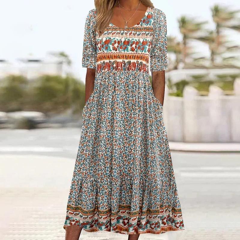 Dinara - Rochie Elegantă cu Imprimeu Boho