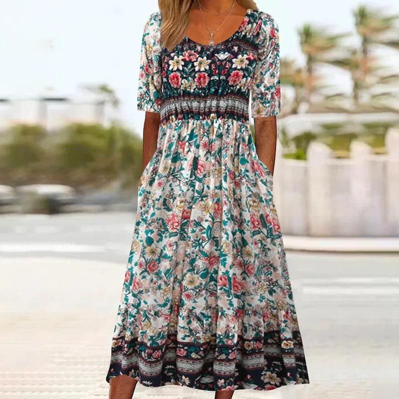 Dinara - Rochie Elegantă cu Imprimeu Boho