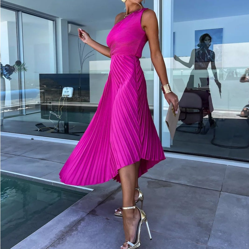 Breena - Rochie Maxi Elegantă Cu Un Umăr Plisată