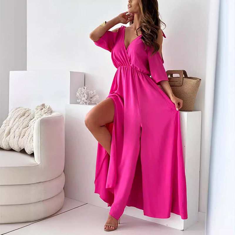 Dellaa - Rochie Elegantă cu Decolteu în V și Fante Laterale