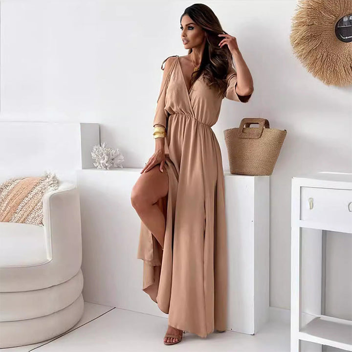 Dellaa - Rochie Elegantă cu Decolteu în V și Fante Laterale
