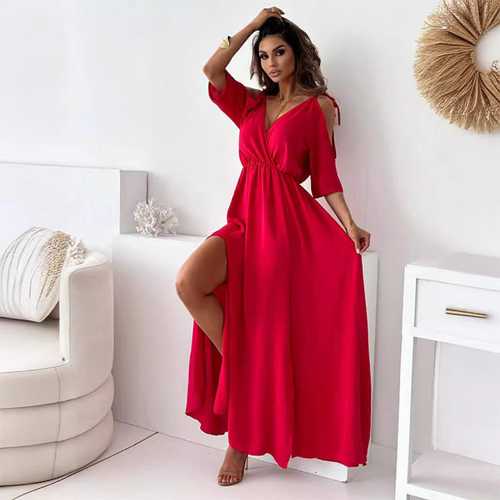Dellaa - Rochie Elegantă cu Decolteu în V și Fante Laterale