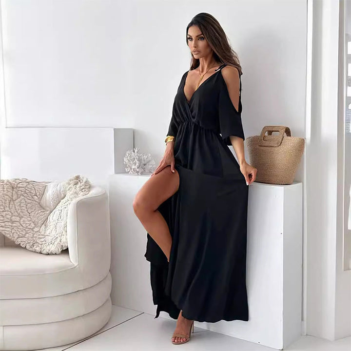 Dellaa - Rochie Elegantă cu Decolteu în V și Fante Laterale