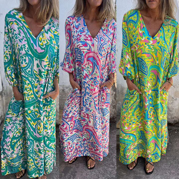 Lowri - Rochie Maxi Elegantă Cu Decolteu In V Si Buzunare