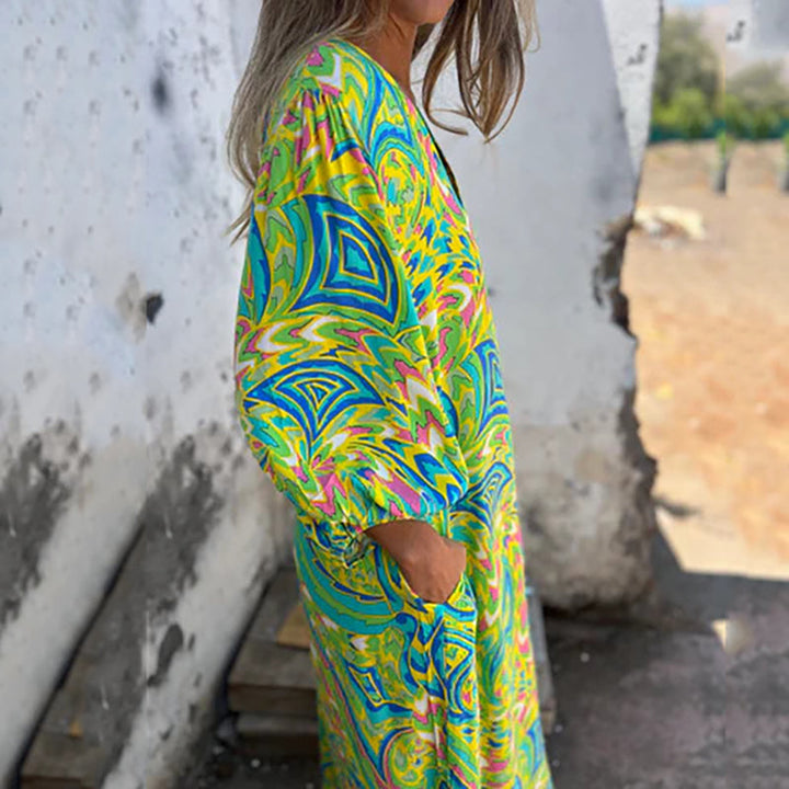 Lowri - Rochie Maxi Elegantă Cu Decolteu In V Si Buzunare
