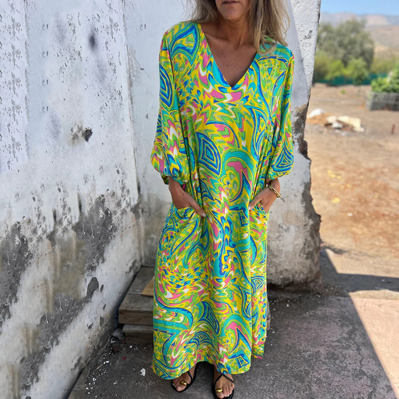 Lowri - Rochie Maxi Elegantă Cu Decolteu In V Si Buzunare