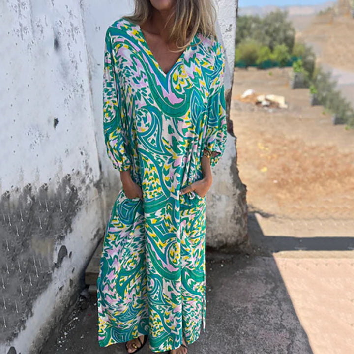 Lowri - Rochie Maxi Elegantă Cu Decolteu In V Si Buzunare