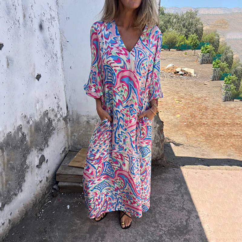 Lowri - Rochie Maxi Elegantă Cu Decolteu In V Si Buzunare