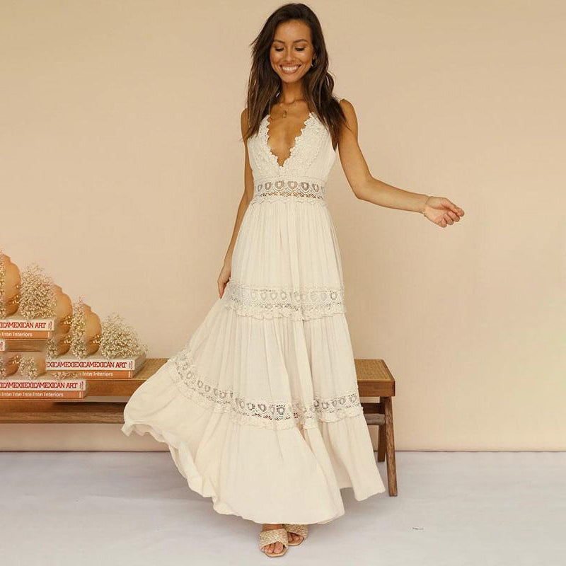 Melyssa - Rochie Maxi cu Spate din Dantelă și Decolteu în V