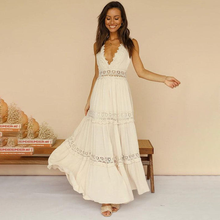 Melyssa - Rochie Maxi cu Spate din Dantelă și Decolteu în V