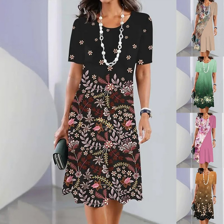 Ursulla - Rochie Elegantă Cu Guler Rotund Și Imprimeu Floral