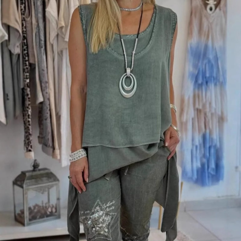 Sousana - Top Fără Mâneci și Pantaloni Imprimați