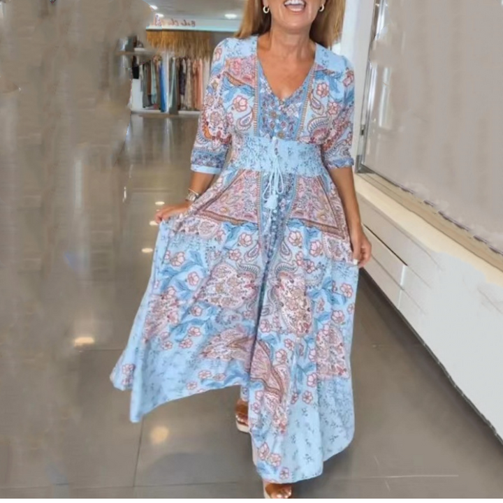 Aliye - Rochie Lungă Elegantă cu Imprimeu Floral și Snur