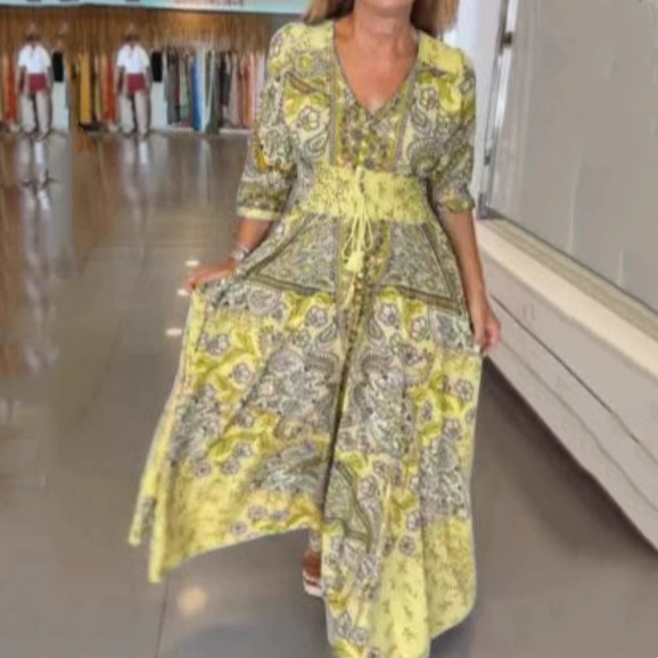 Aliye - Rochie Lungă Elegantă cu Imprimeu Floral și Snur