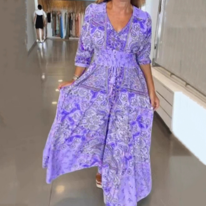 Aliye - Rochie Lungă Elegantă cu Imprimeu Floral și Snur