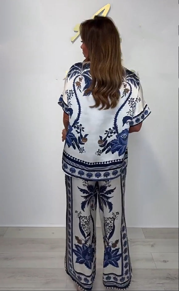 Kanella - Top Casual Cu Decolteu în V Si Pantaloni Largi