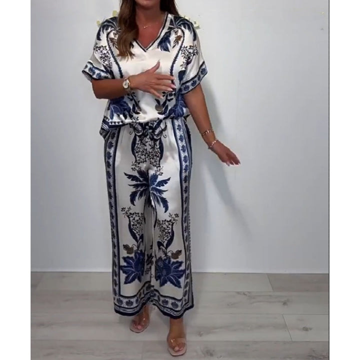 Kanella - Top Casual Cu Decolteu în V Si Pantaloni Largi