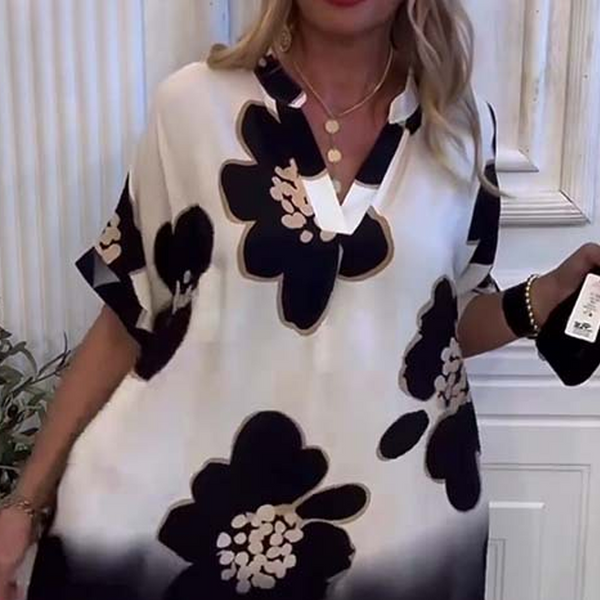 Yarina - Rochie Largă cu Imprimeu și Decolteu Adânc în V