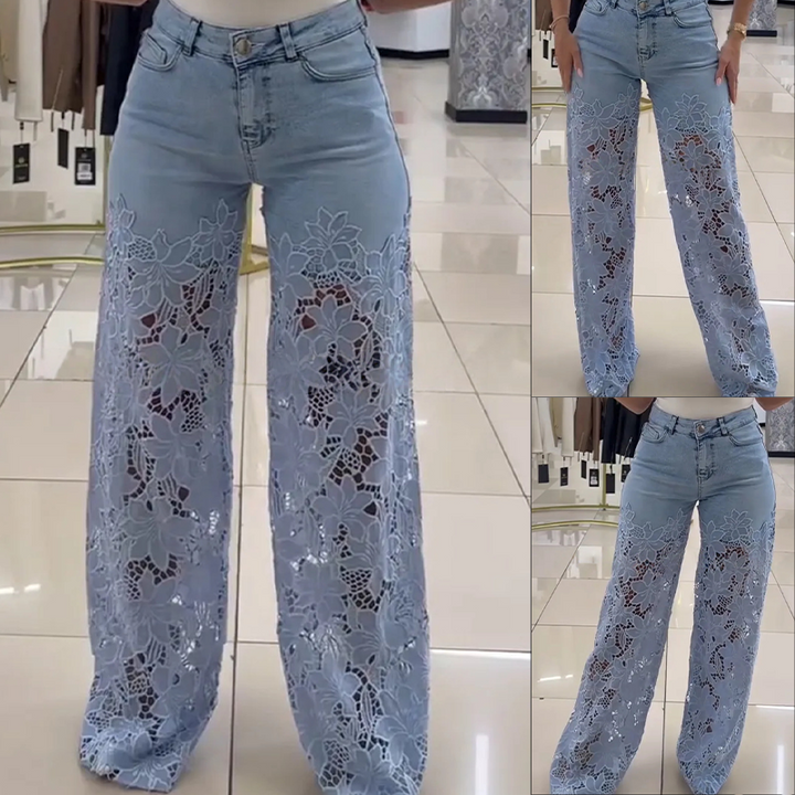 Efthymia - Blugi Din Denim Patchwork Cu Dantelă La Modă