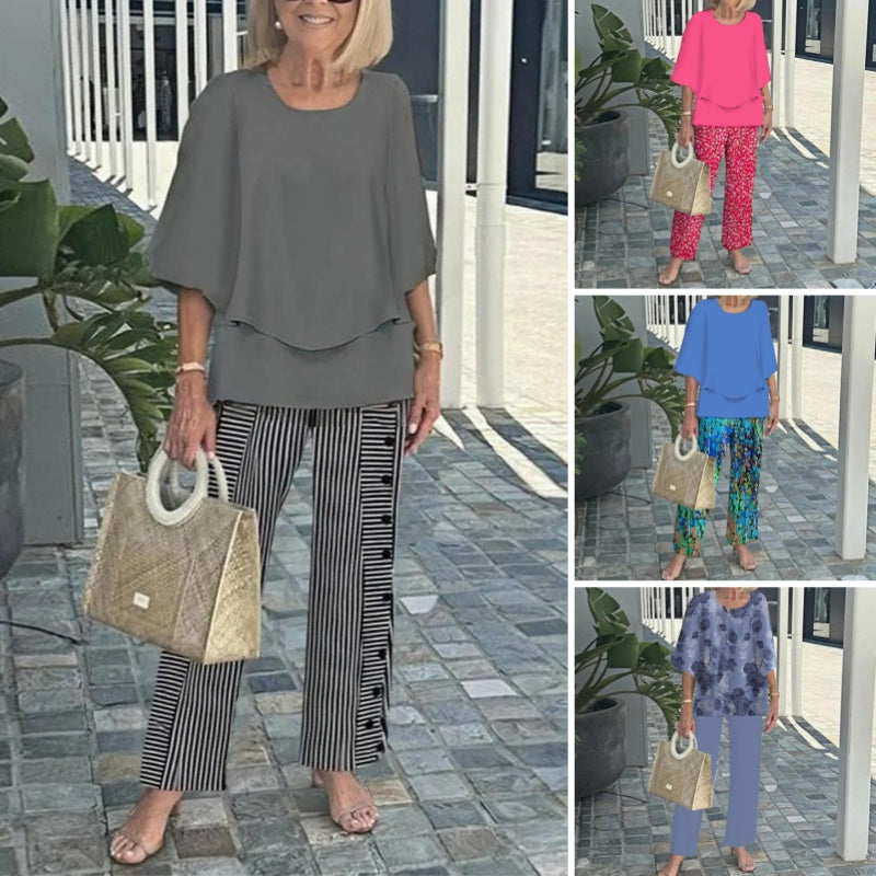 Laetitaa - Costum Casual Din Două Piese Cu Mâneci Scurte Și Imprimeu