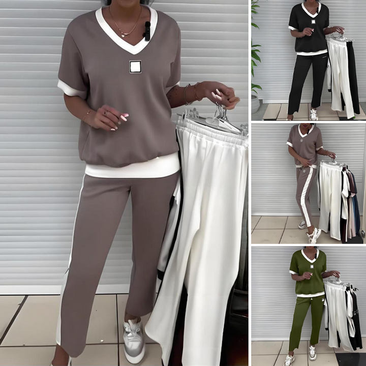 Maliah - Set Casual Cu Bluză Cu Decolteu în V Si Pantaloni