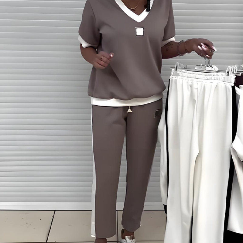 Maliah - Set Casual Cu Bluză Cu Decolteu în V Si Pantaloni