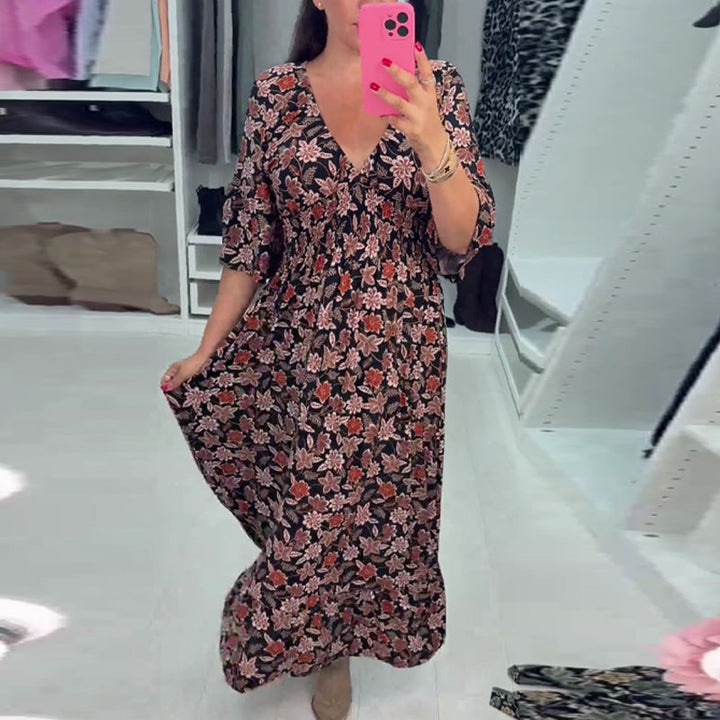 Meika - Rochie Lungă cu Decolteu în V și Imprimeu