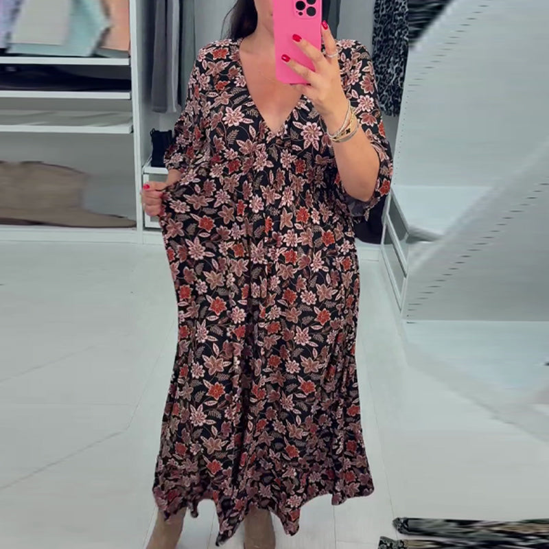 Meika - Rochie Lungă cu Decolteu în V și Imprimeu