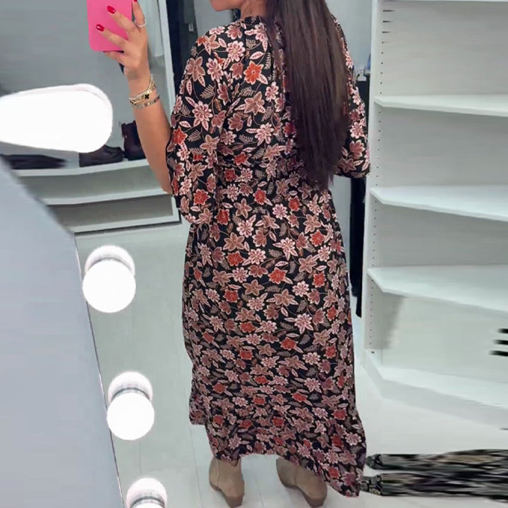 Meika - Rochie Lungă cu Decolteu în V și Imprimeu
