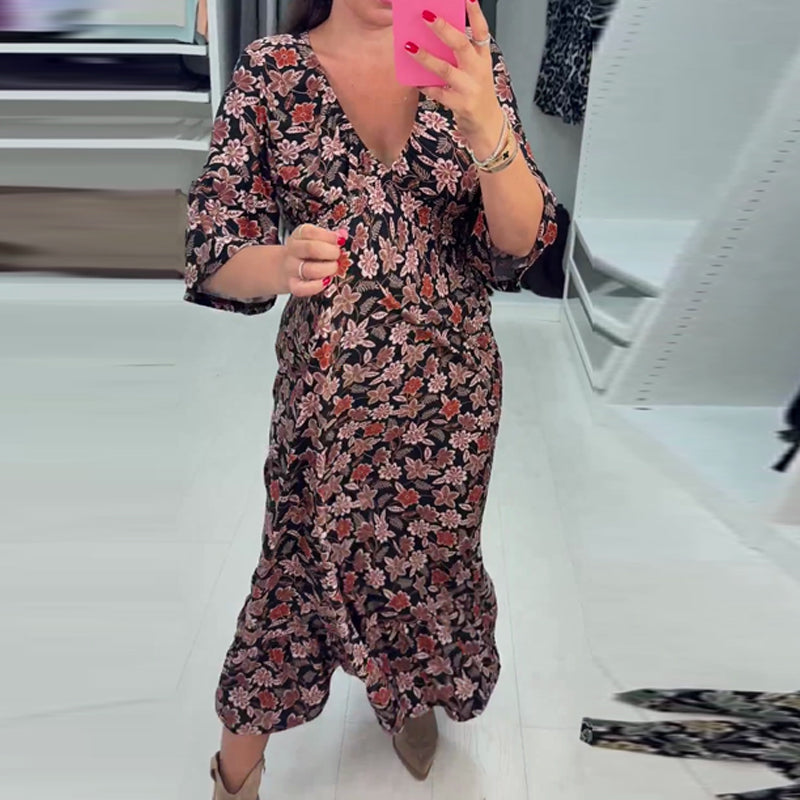 Meika - Rochie Lungă cu Decolteu în V și Imprimeu