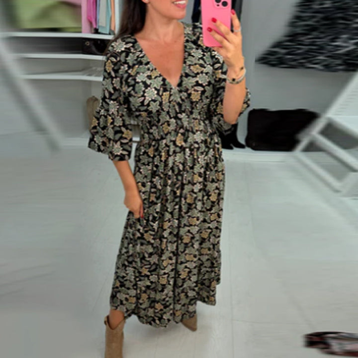 Meika - Rochie Lungă cu Decolteu în V și Imprimeu