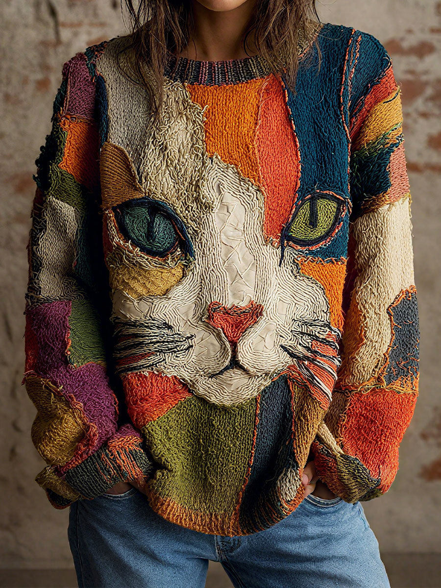Chaya - Bluză Casual Artistică cu Imprimeu Patchwork și Față de Pisică