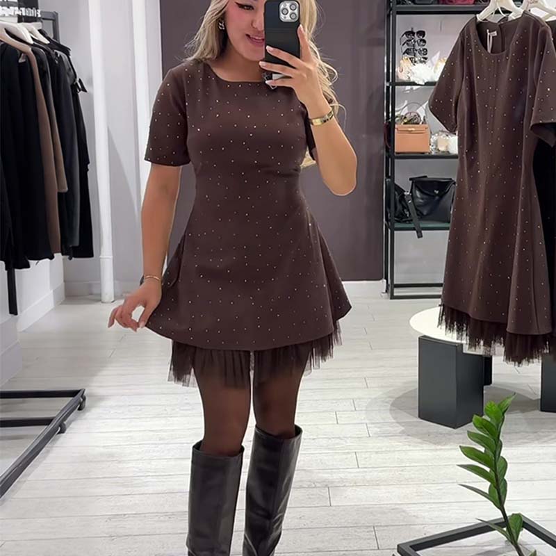 Fawnia - Rochie mini Strălucitoare cu Mâneci Scurte și Bordură din Dantelă