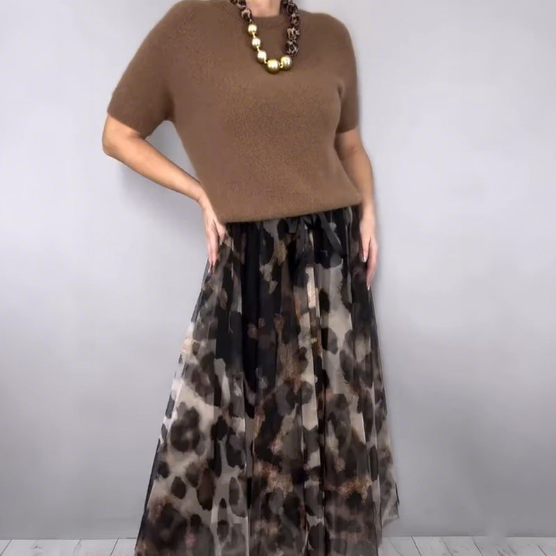 Orli - Pulover Elegant și Fustă Florală cu Imprimeu Leopard