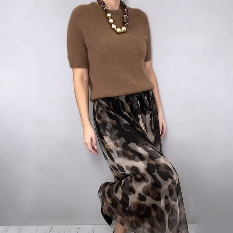 Orli - Pulover Elegant și Fustă Florală cu Imprimeu Leopard