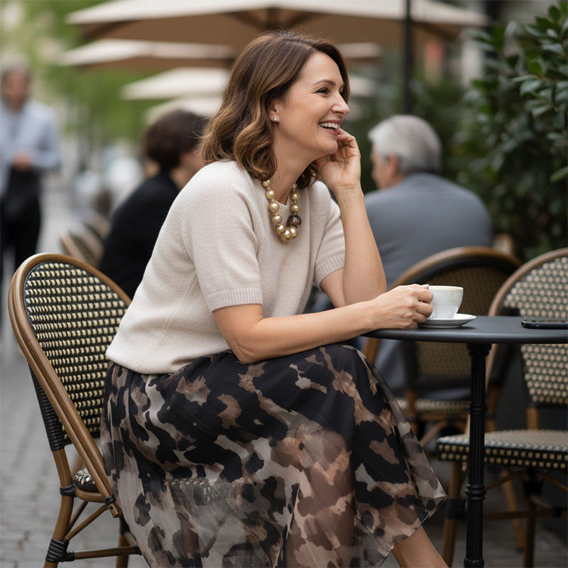 Orli - Pulover Elegant și Fustă Florală cu Imprimeu Leopard