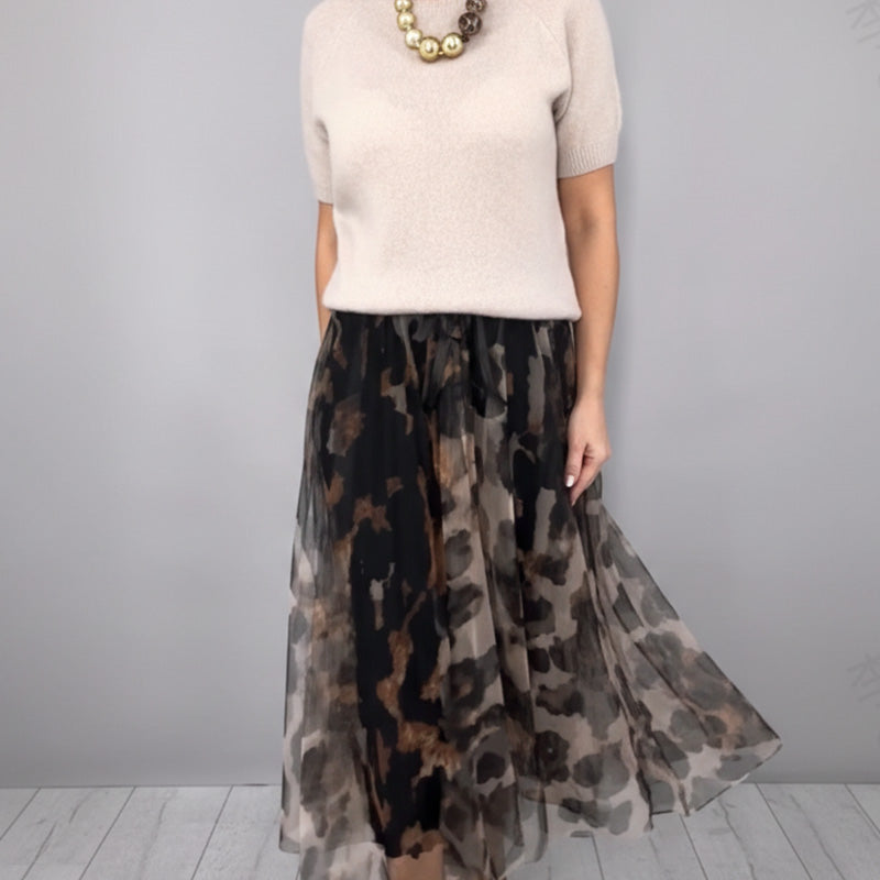 Orli - Pulover Elegant și Fustă Florală cu Imprimeu Leopard