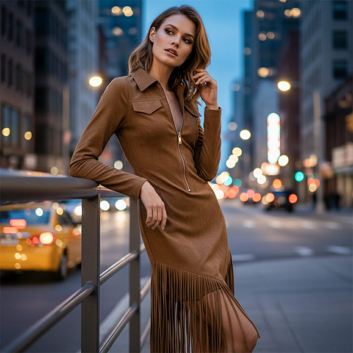 Alira - Rochie MIDI Cu Guler, Franjuri Și Fermoar Frontal