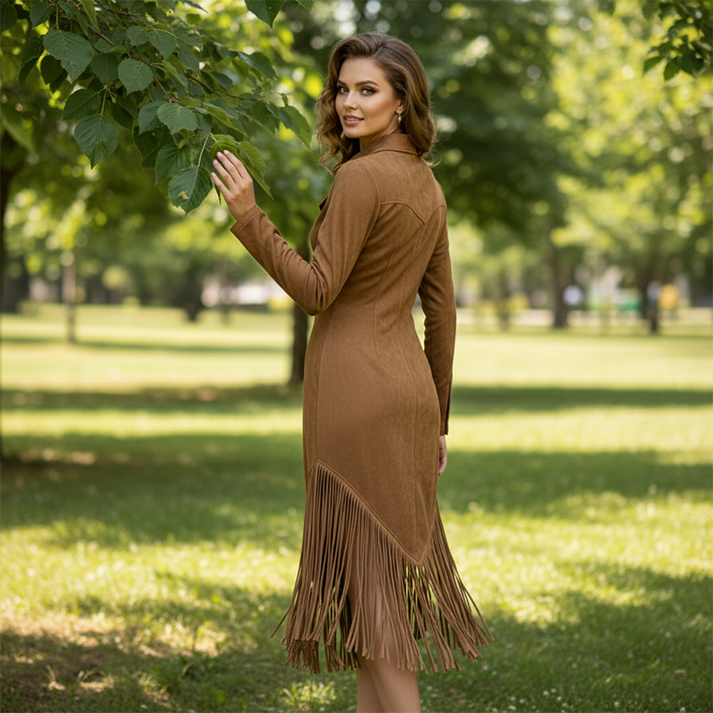Alira - Rochie MIDI Cu Guler, Franjuri Și Fermoar Frontal